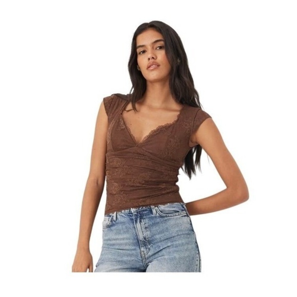 Abercrombie & Fitch Zoe Bra-Free Lace Top Brown Short Sleeve XS